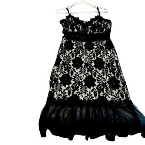 Women's Black White Lace Floral Sleeveless Spaghetti Strap Midi Dress Size L